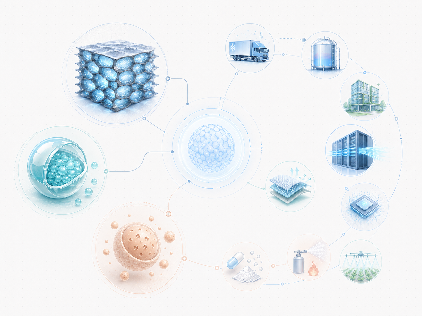 Passive Edge micro/nano encapsulation platform — nano PCM and microcapsules feeding end applications across cold chain, data center, building, electronics, and agriculture