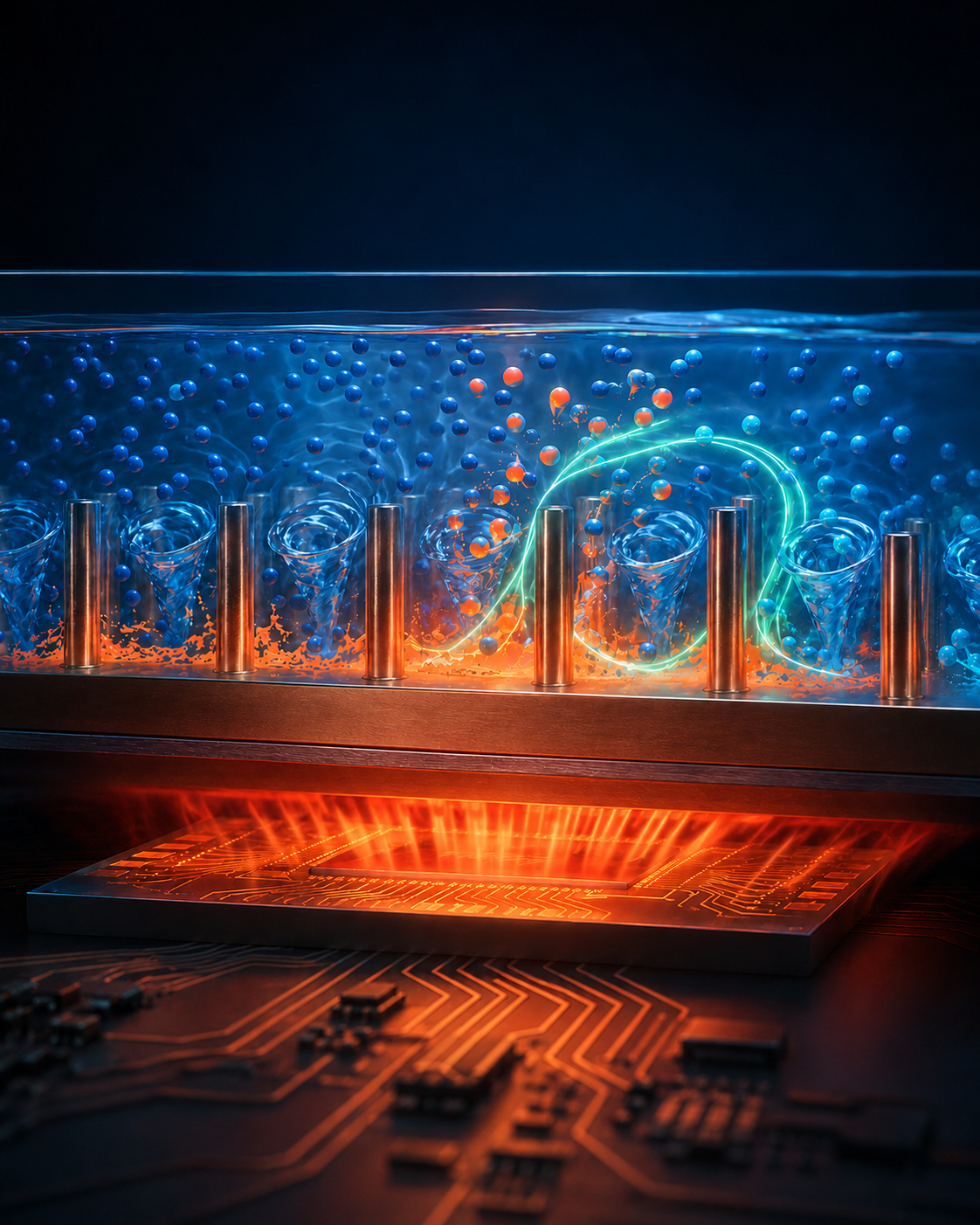 PCM microcapsules absorbing heat from a chip — encapsulation in action