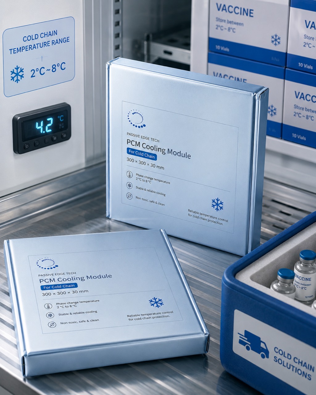 PCM cooling modules in a 2–8 °C vaccine cold-chain transport scene
