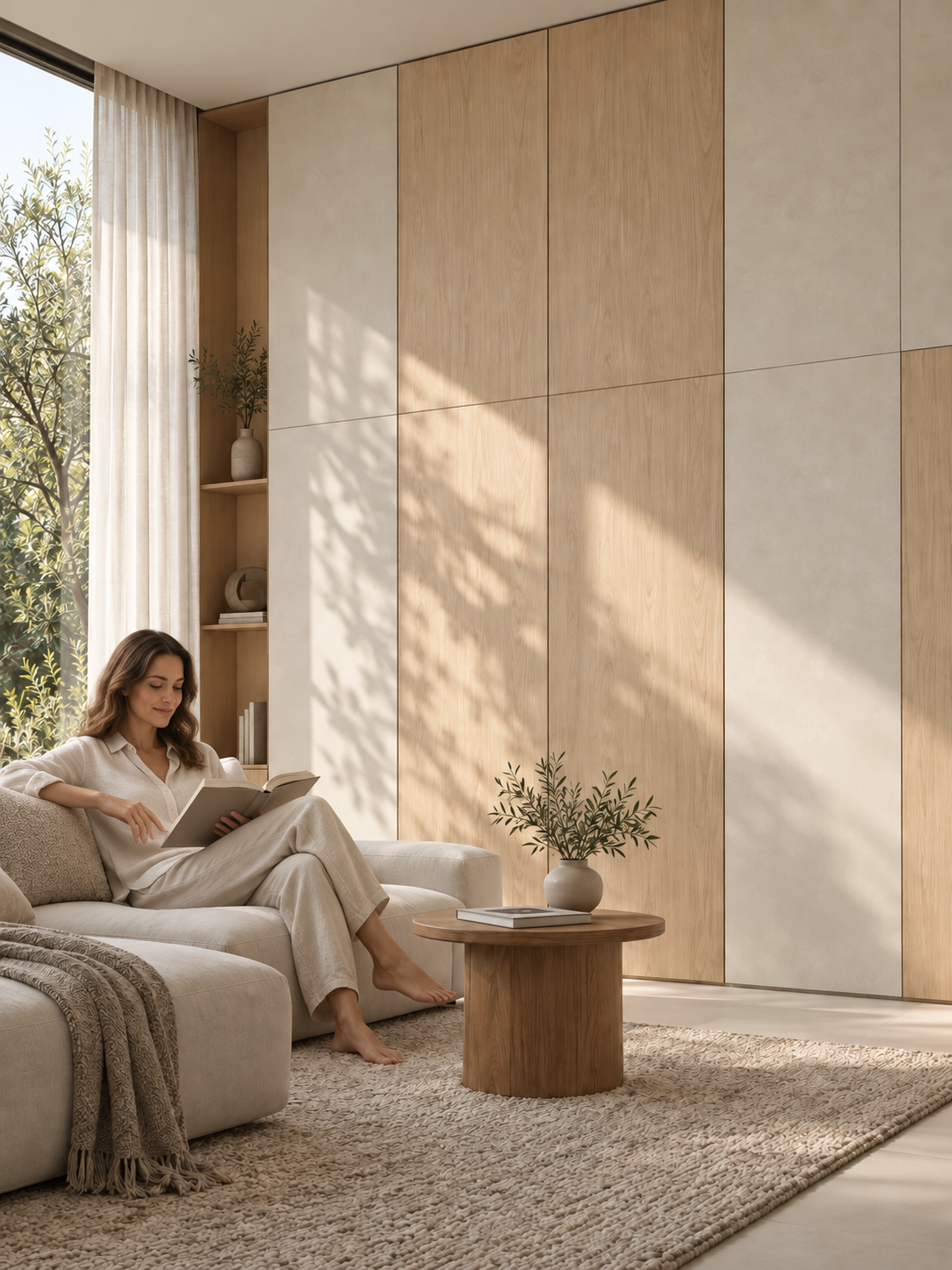 A person relaxing with a book in a naturally lit room with prefinished wall panels