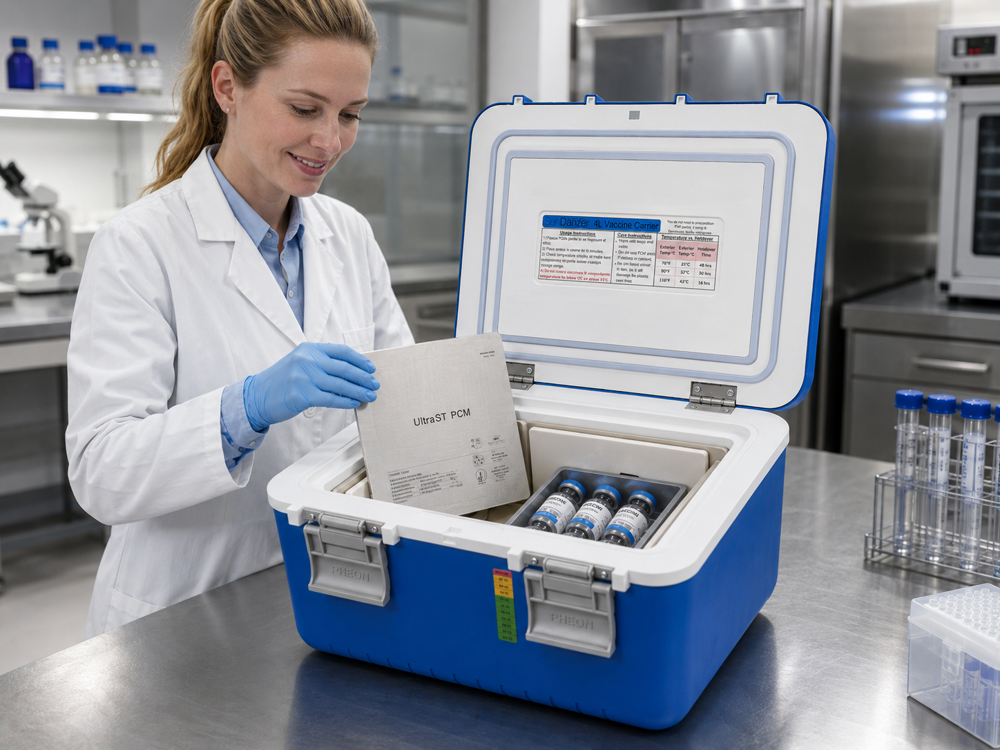 Lab technician placing an UltraST PCM module into a vaccine carrier for pharma cold chain